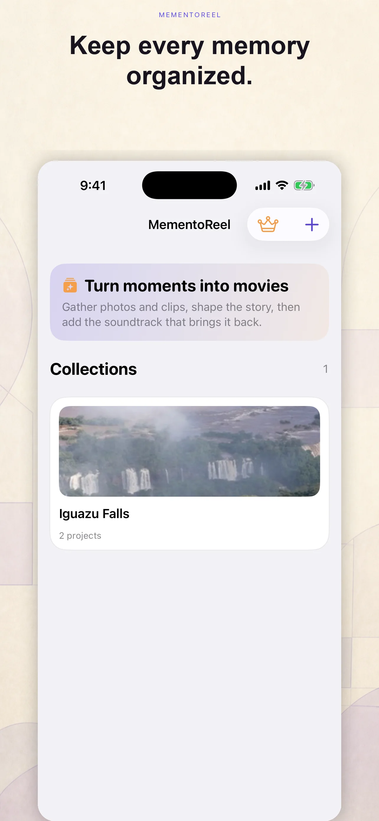 MementoReel Collections screen showing an Iguazu Falls collection