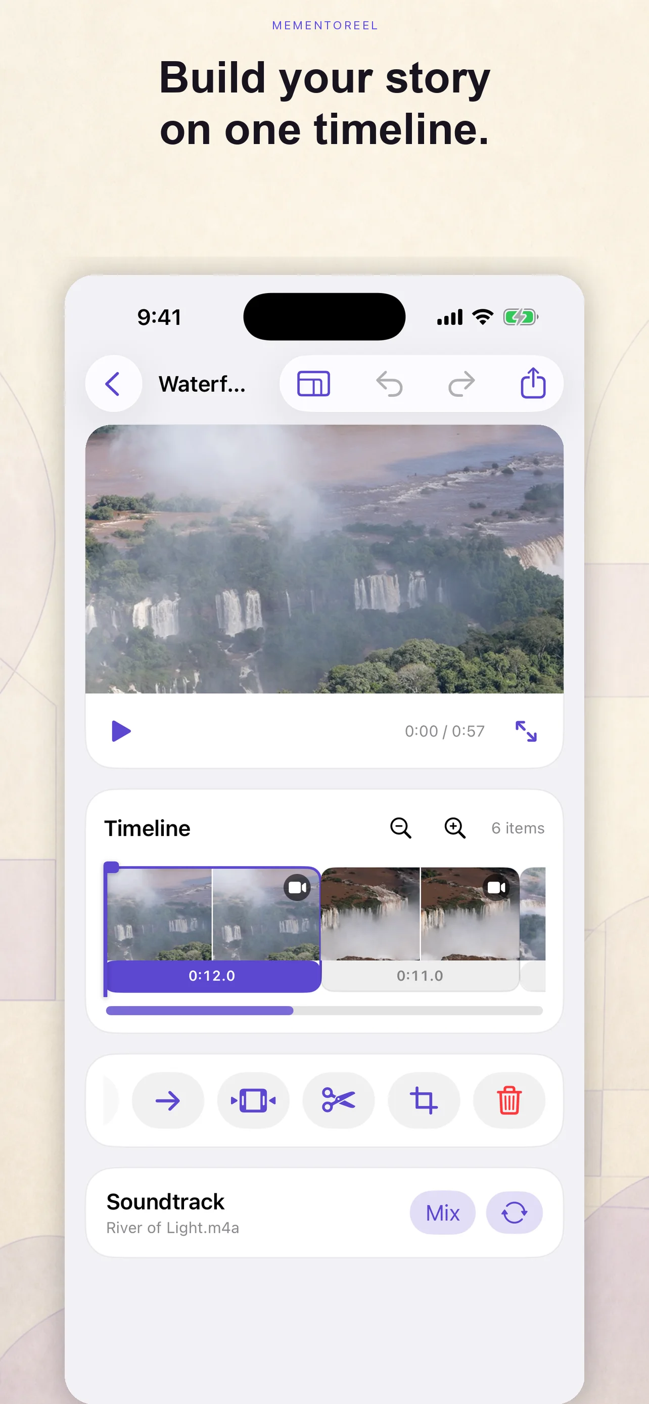 MementoReel editor showing an Iguazu Falls movie and visual clip timeline