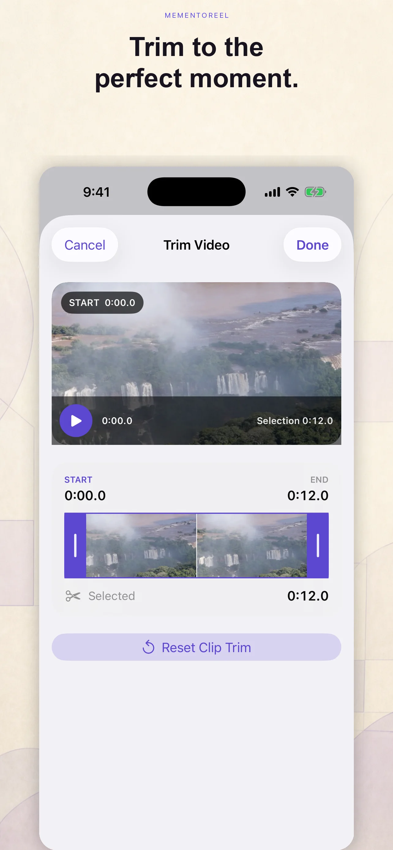 MementoReel trim view with draggable start and end markers