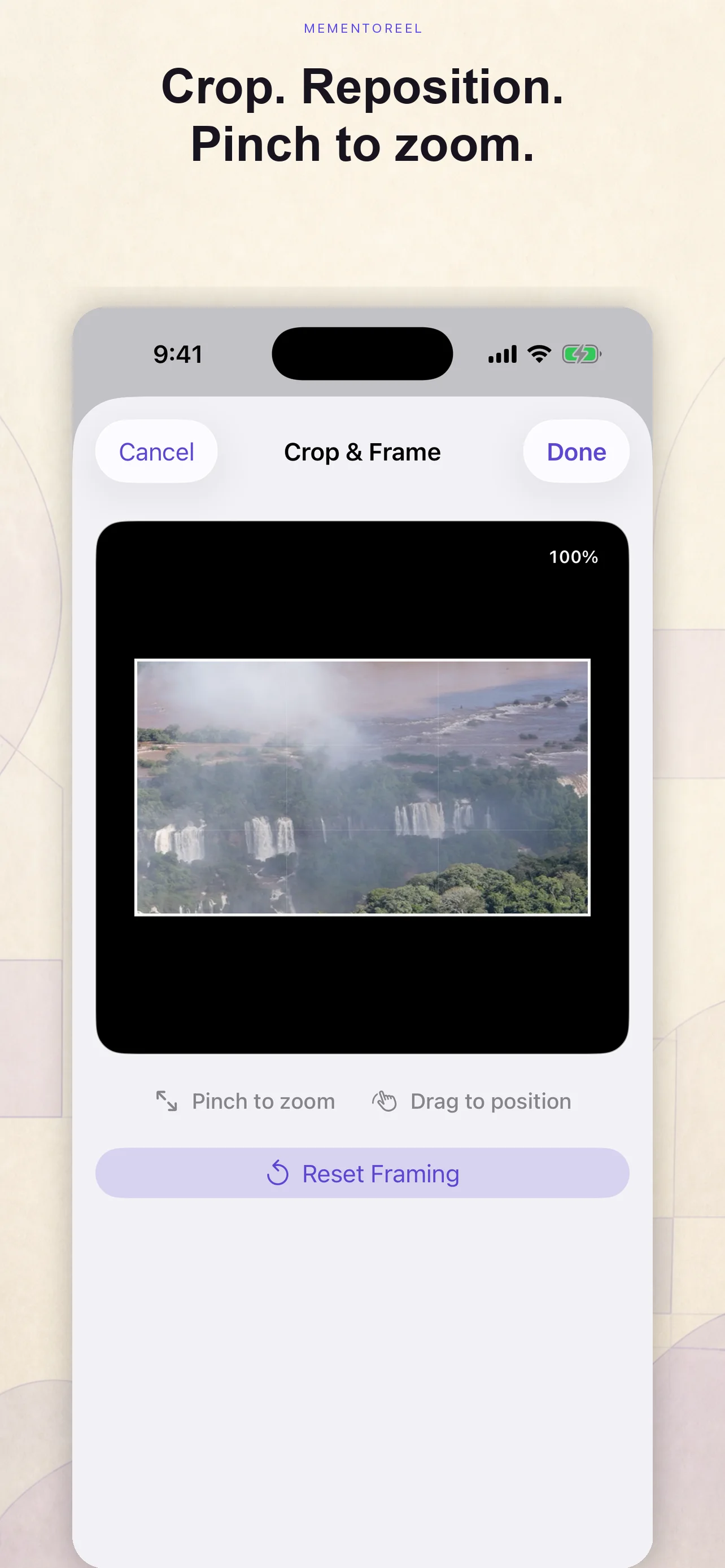 MementoReel crop view showing direct pinch and drag framing