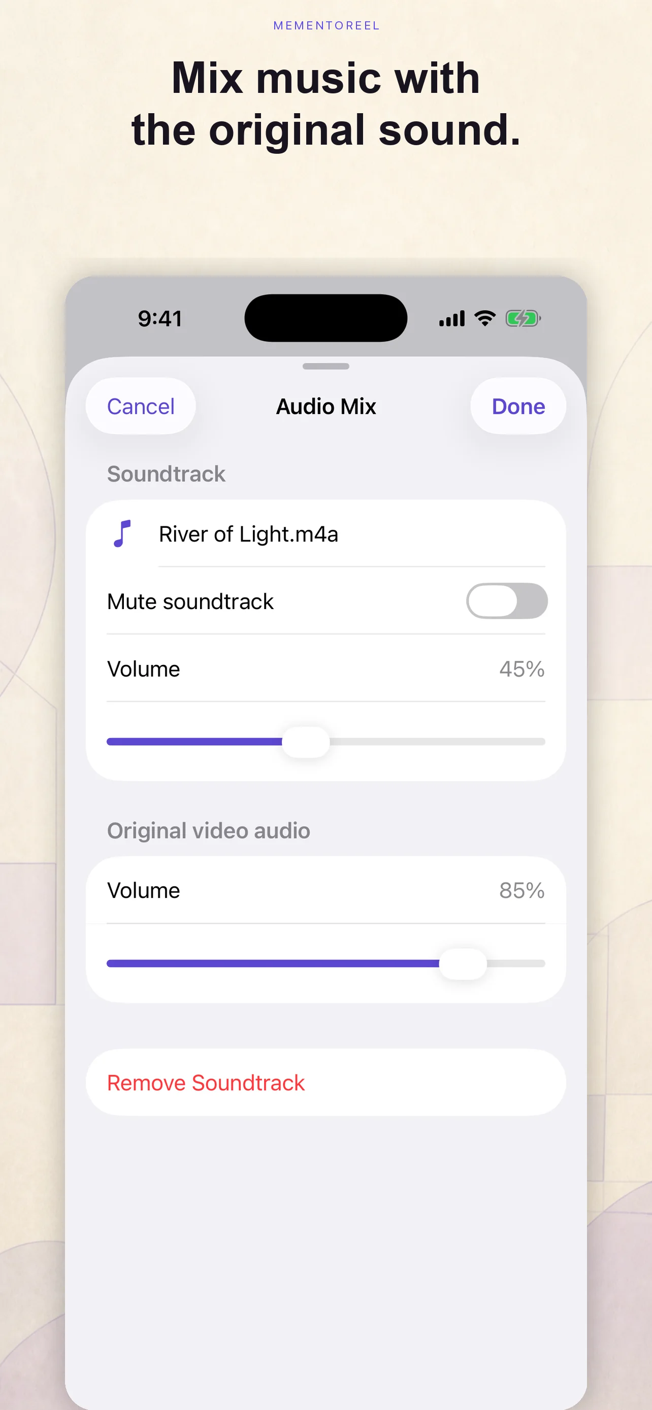 MementoReel audio mixer balancing original sound and soundtrack
