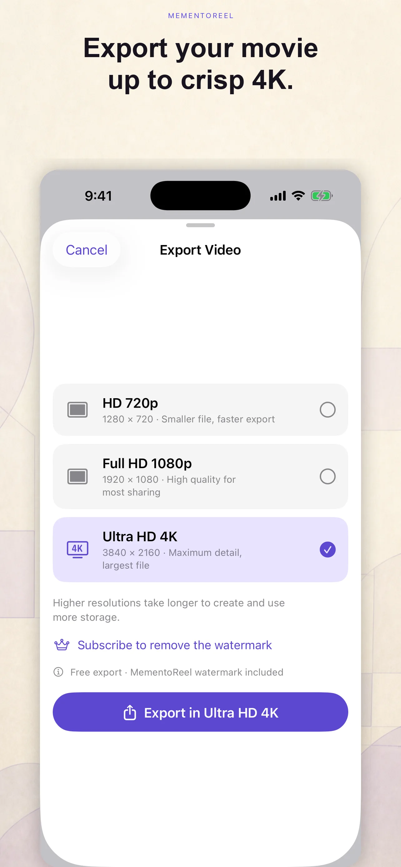 MementoReel export screen with 720p, 1080p, and 4K choices