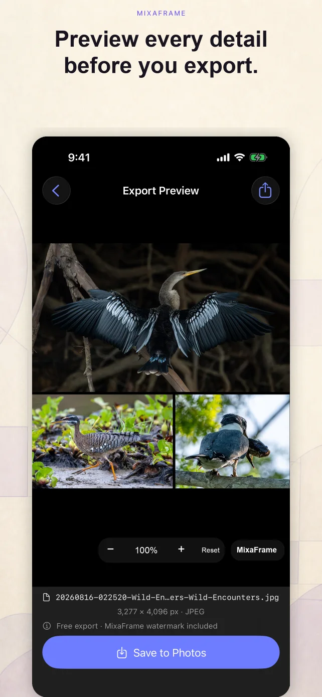 MixaFrame export preview with zoom controls and Save to Photos