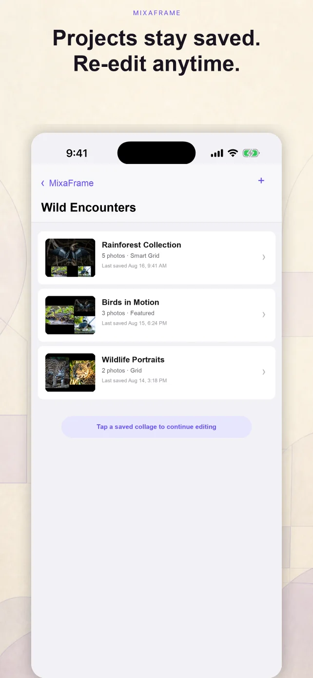 Wild Encounters project showing three saved collages with thumbnails and saved times